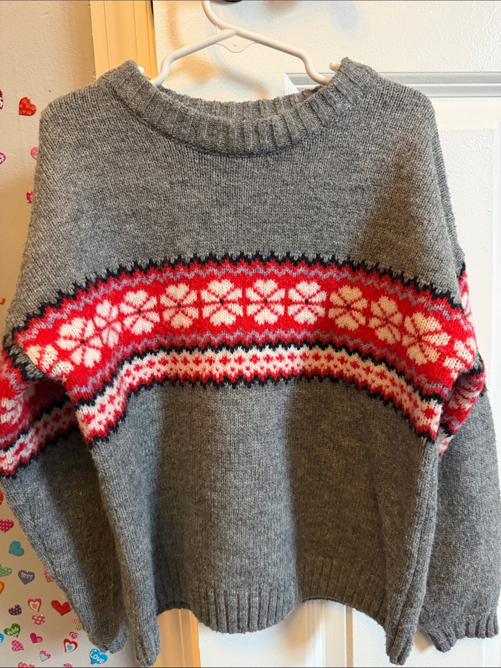 Hanna Andersson Gray Sweater with Red and White Fair Isle Yoke